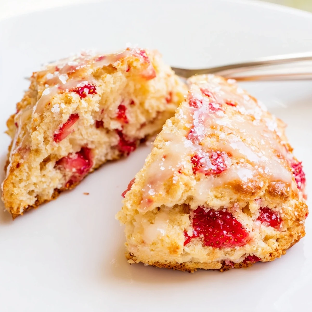 Buttery strawberry scones brushed with cream and coarse sugar, served on a wire rack for cooling
