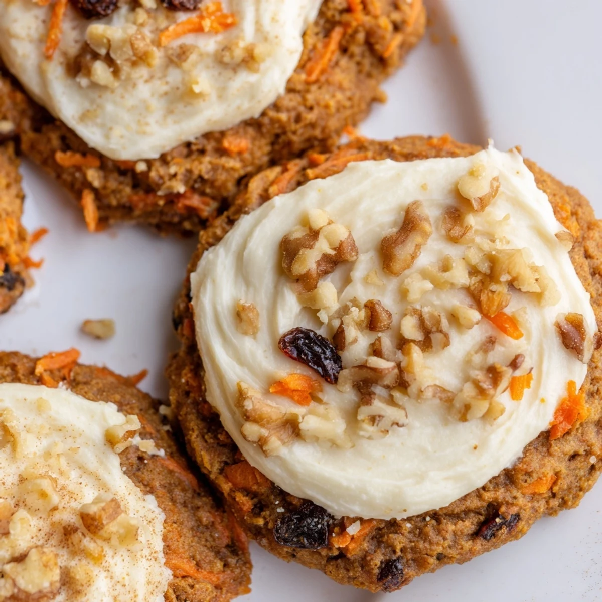Soft-baked carrot cake cookies topped with swirls of tangy cream cheese frosting