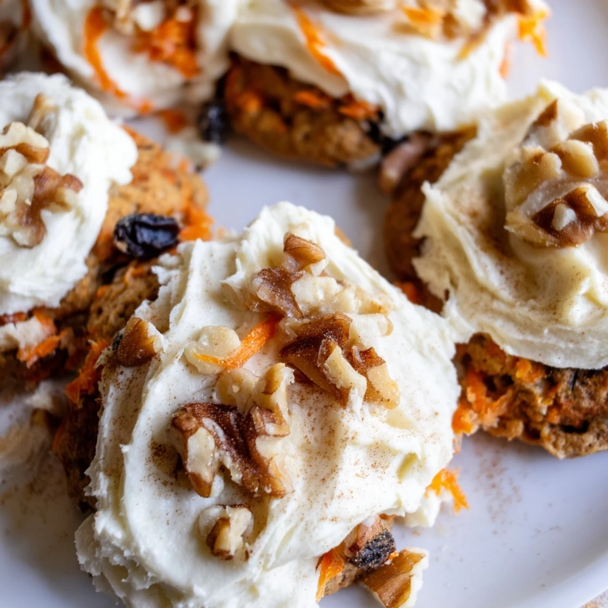 Golden spiced carrot cake cookies packed with grated carrots, oats, and chopped walnuts