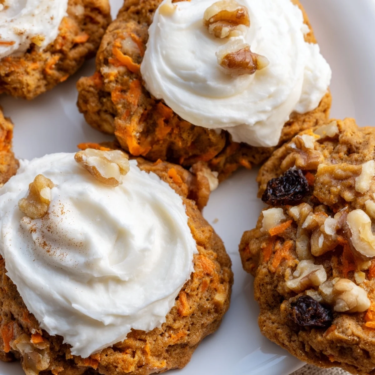 Homemade carrot cake cookies with fluffy white frosting and visible shredded carrot pieces