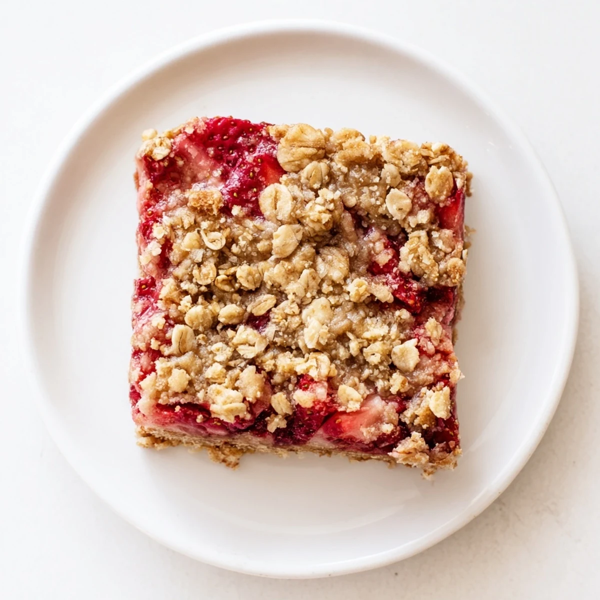 Homemade strawberry oatmeal crumble bars sliced into squares showing fruity layers and oat crumble