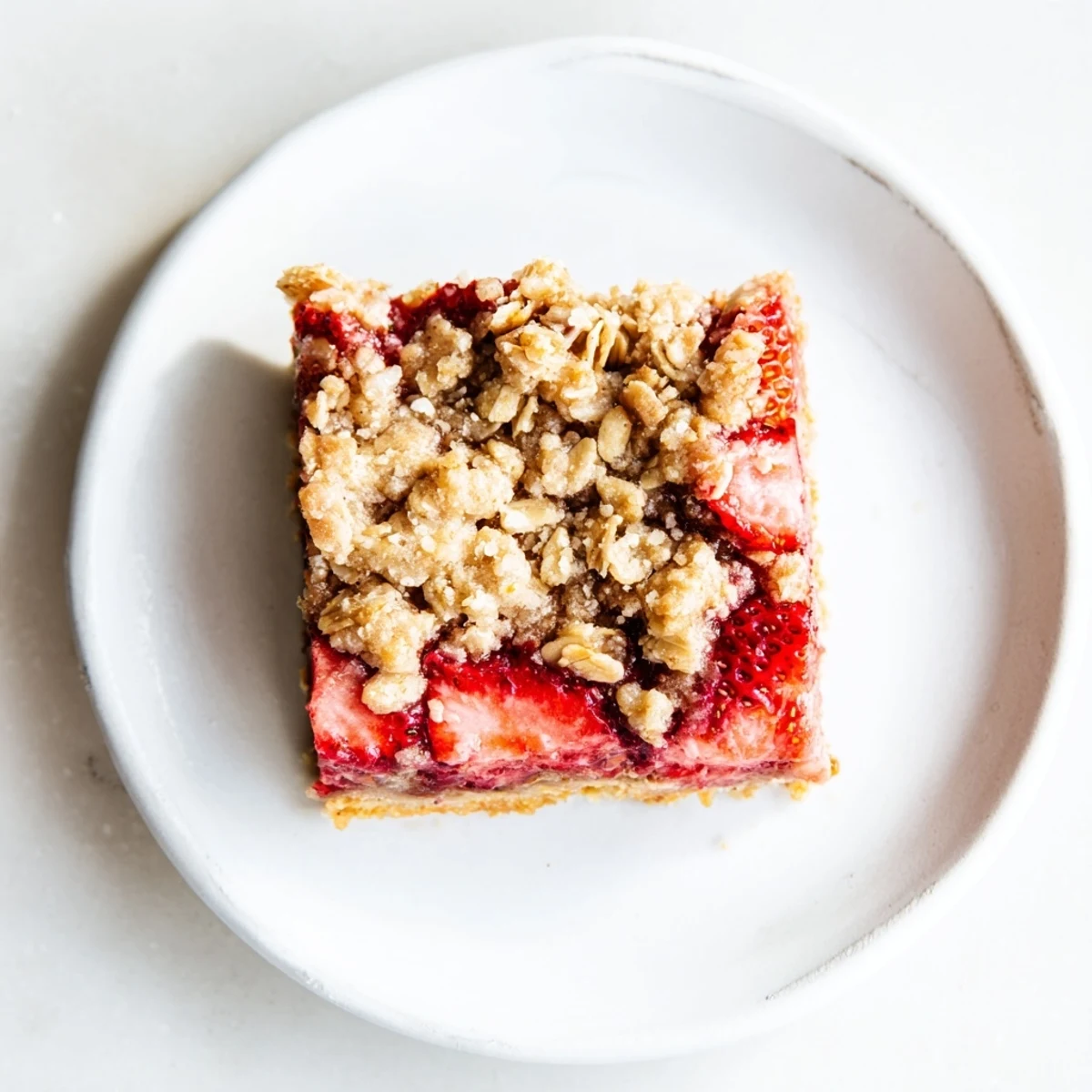 Buttery strawberry oatmeal crumble bars with bubbling red fruit and crispy golden topping