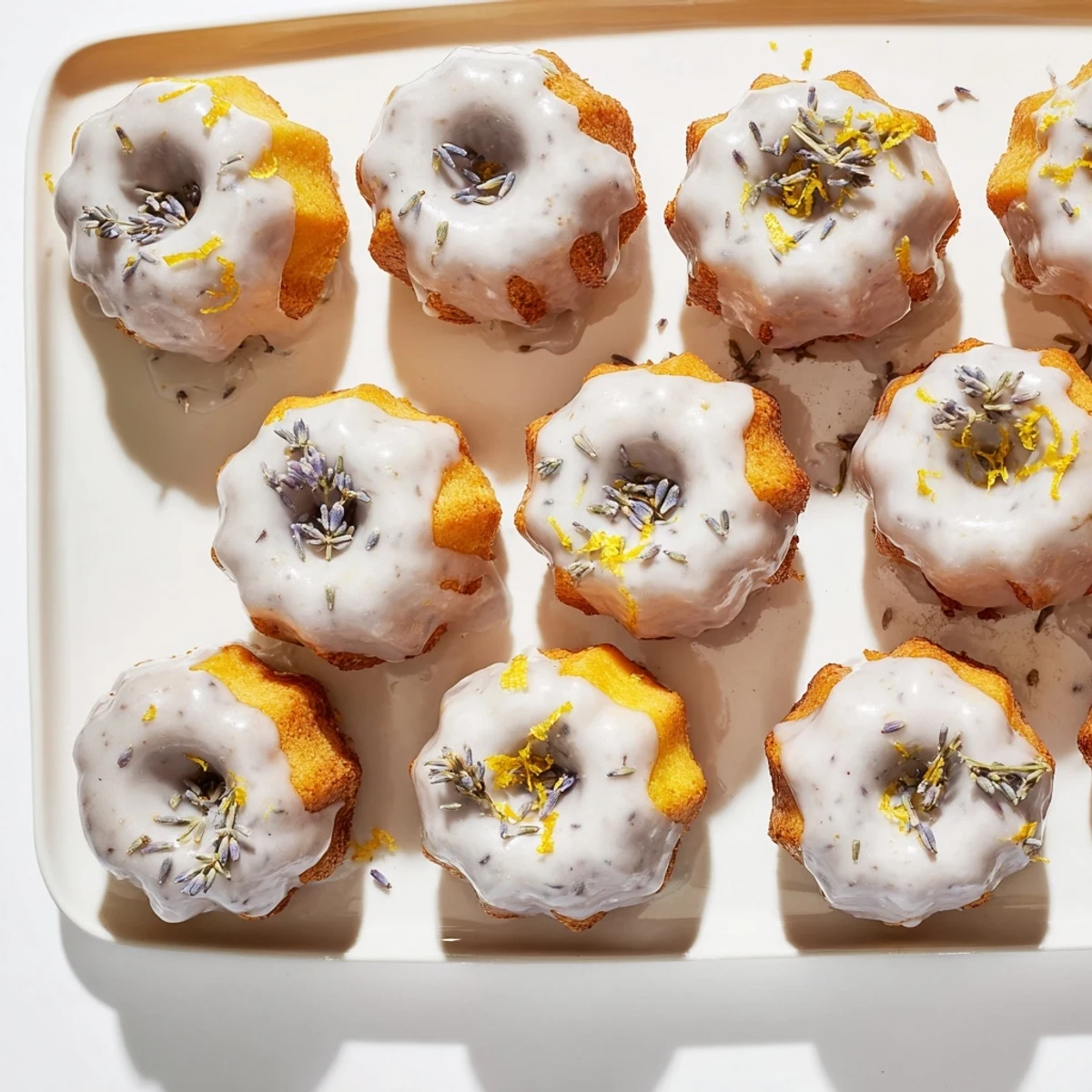 Freshly baked lemon mini cakes topped with purple lavender glaze and zest garnish