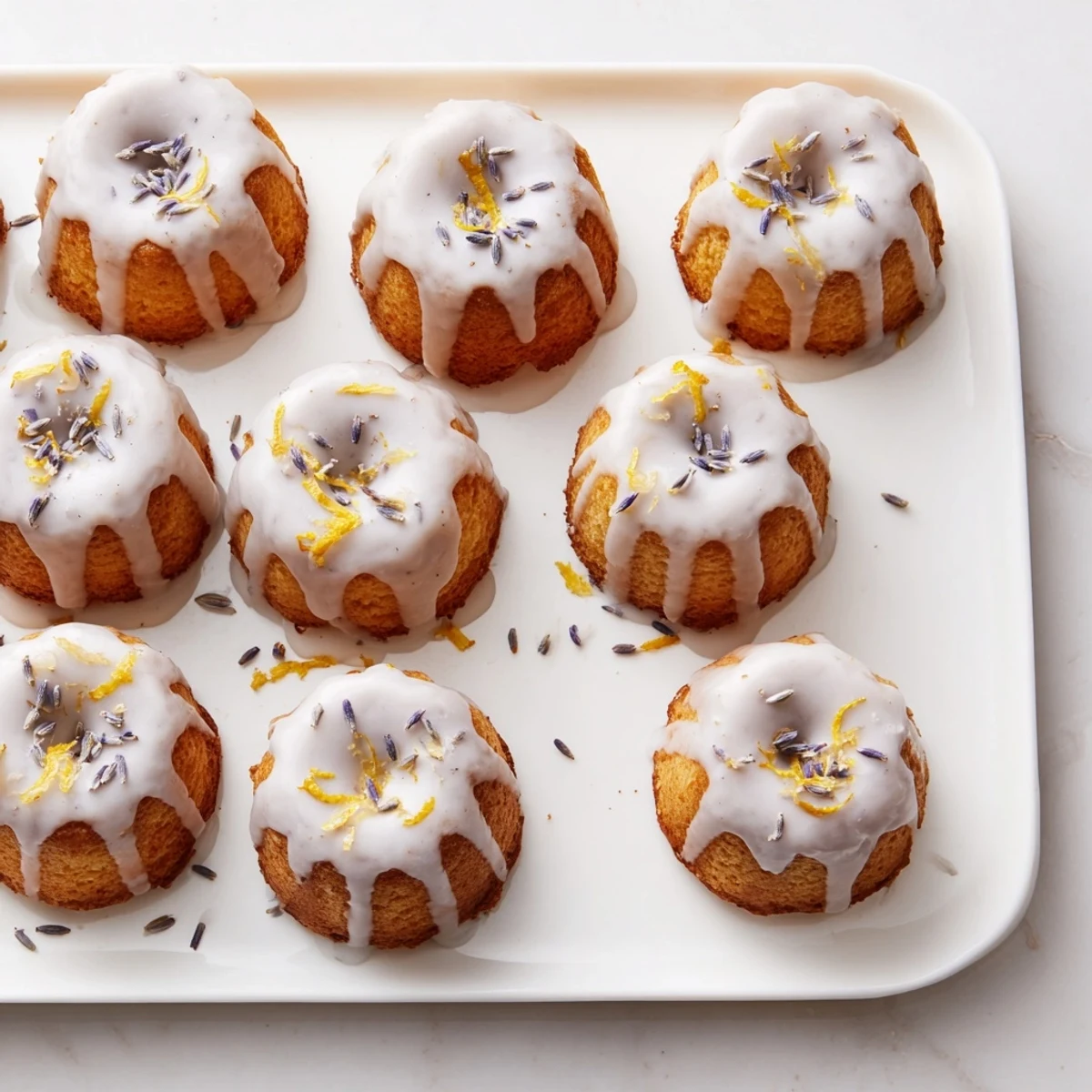 Golden mini lemon cakes drizzled with fragrant lavender glaze on a white serving plate