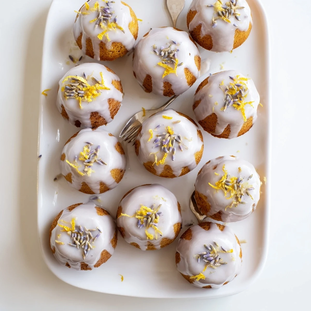 Teatime spread featuring zesty mini lemon cakes with creamy lavender glaze and edible flowers