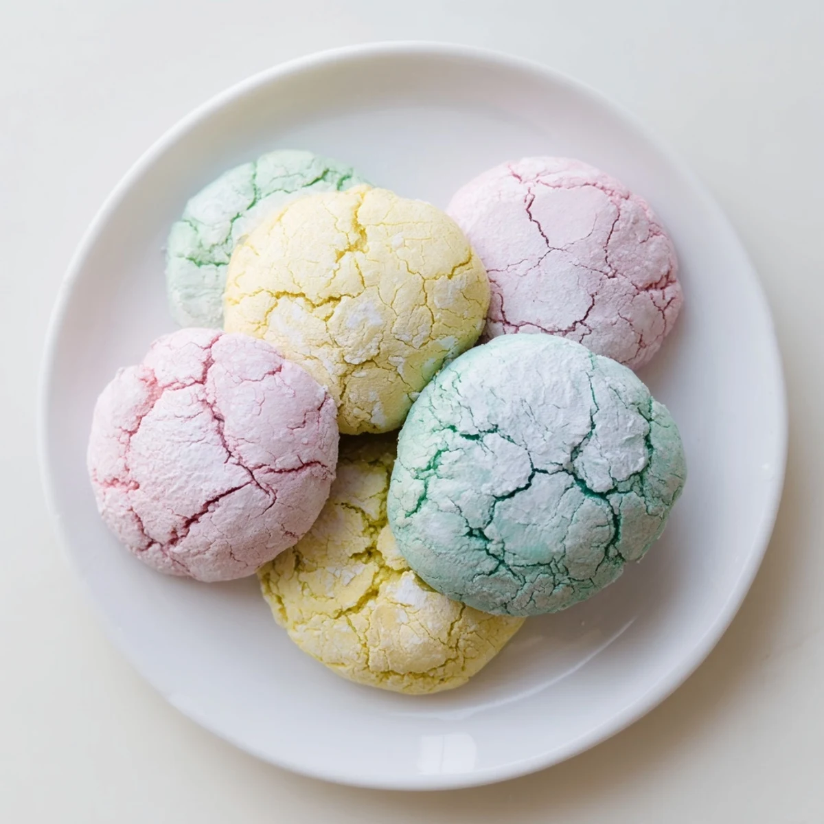 Soft pastel Springtime Crinkle Cookies with white crackled sugar coating on wire cooling rack.