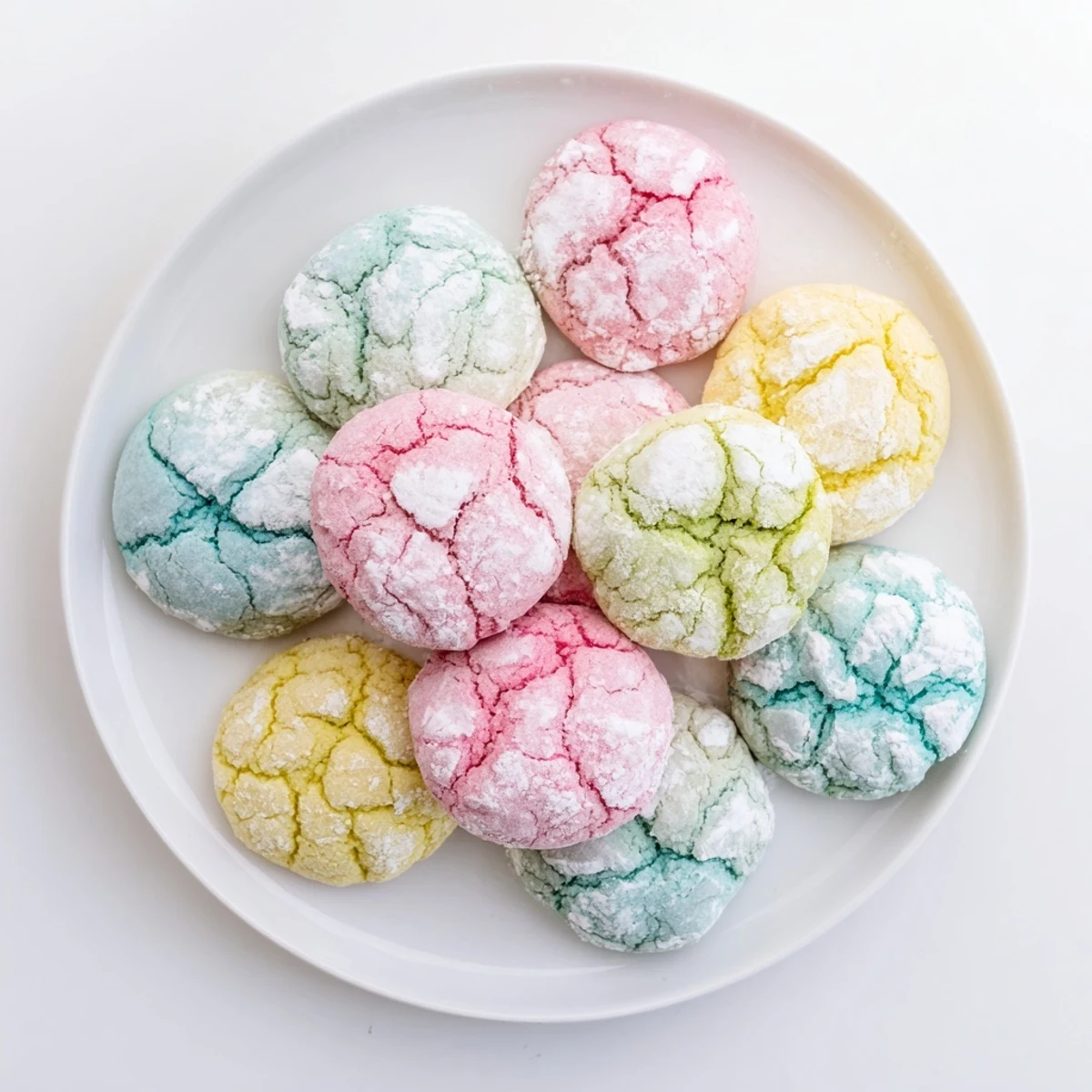 Colorful crinkle cookie dough balls rolled in powdered sugar before baking for spring dessert.