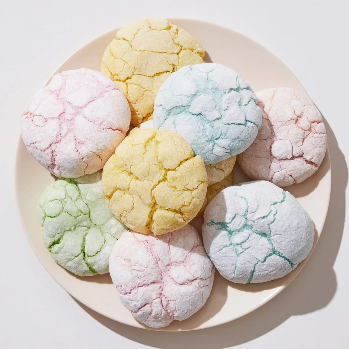 Plate of vibrant pastel Springtime Crinkle Cookies with cracked texture and soft centers visible.