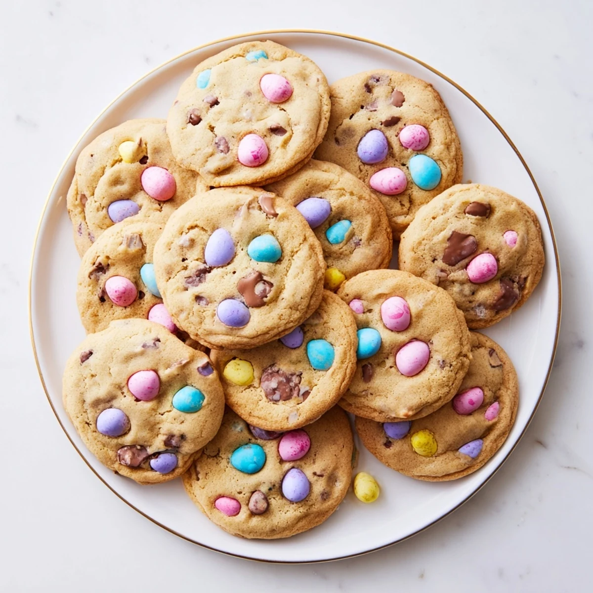 Plate of warm mini egg cookies featuring crisp edges and gooey melted chocolate centers