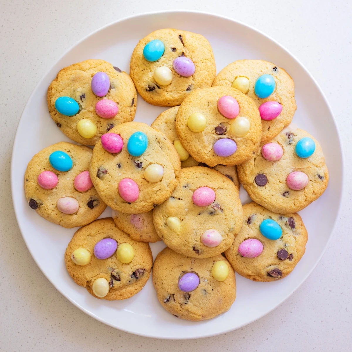 Freshly baked mini egg cookies stacked on wire rack with pastel candy pieces visible