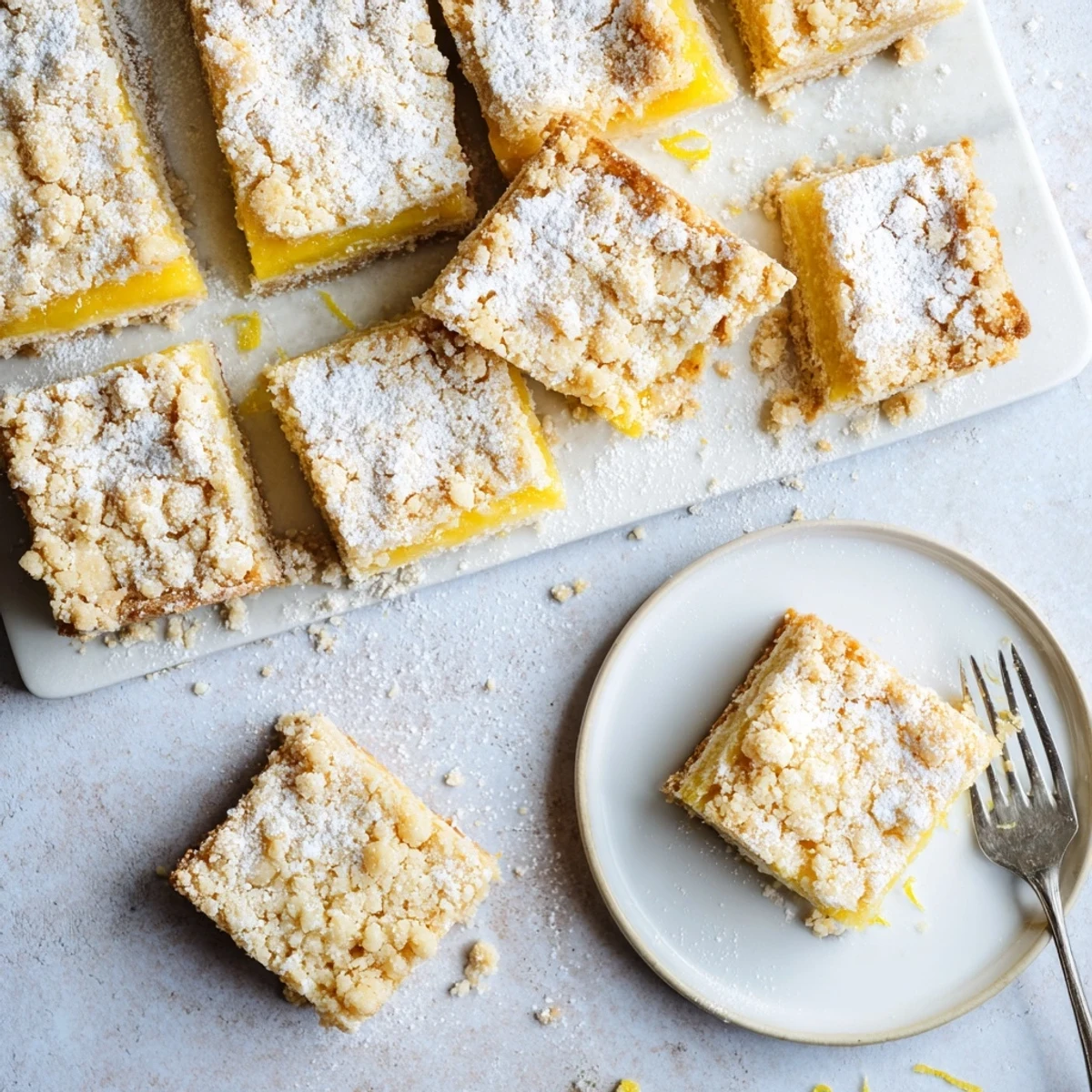 Bright lemon crumb bars with zesty curd filling and powdered sugar dusted crumble topping