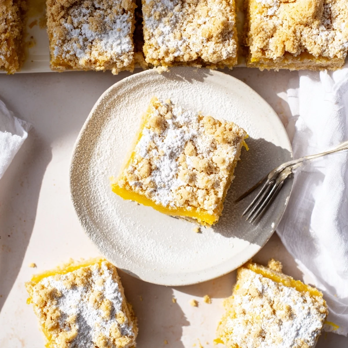 Baked lemon crumb bars showcasing sweet tart filling and golden buttery streusel topping