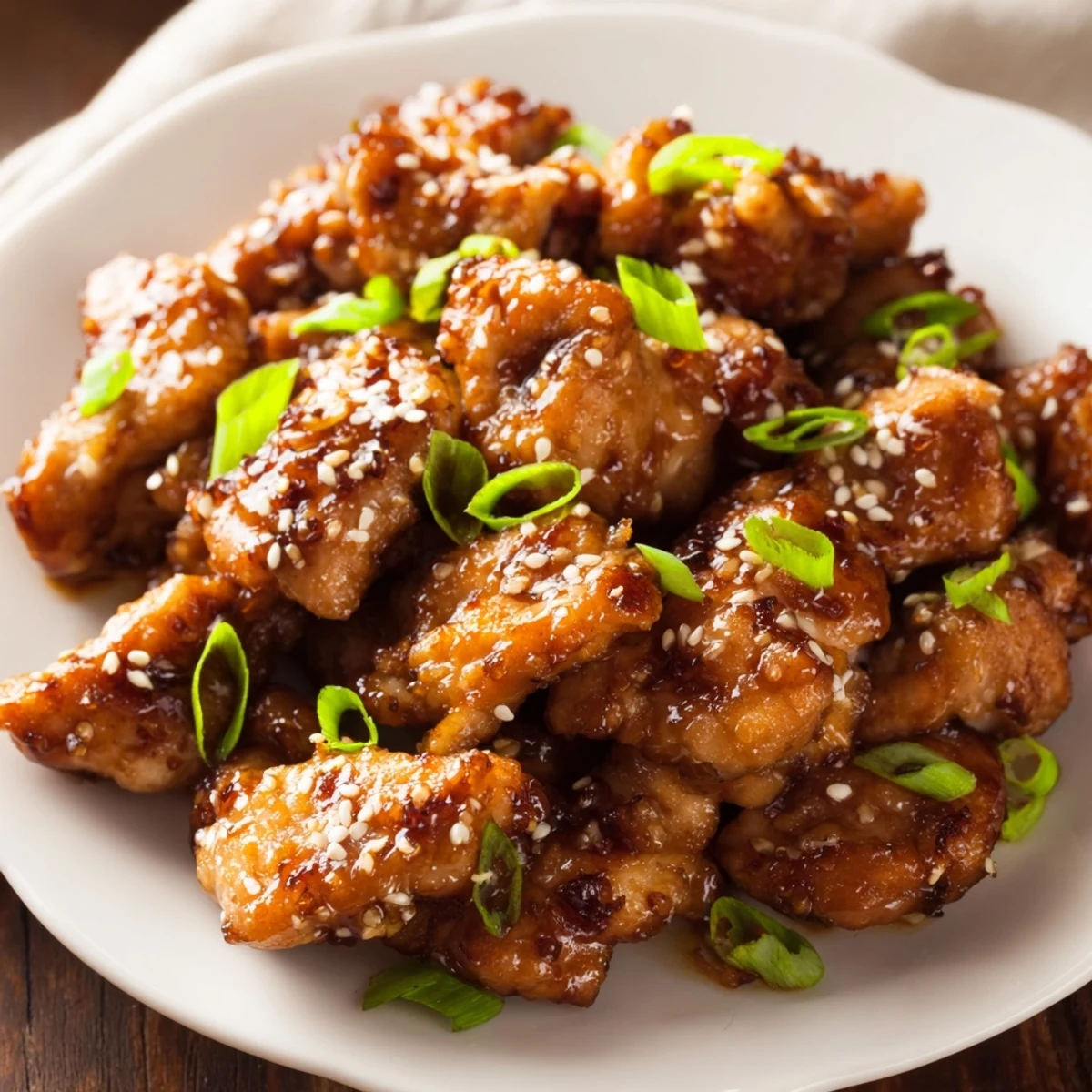 Golden honey chicken pieces glazed in a shiny sweet sauce, garnished with green onions and sesame seeds.