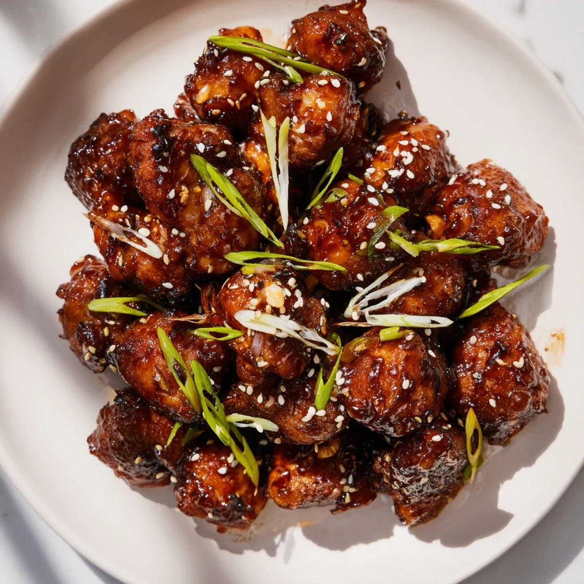 Asian-inspired honey chicken served over white rice with glossy caramelized coating and fresh scallion topping.