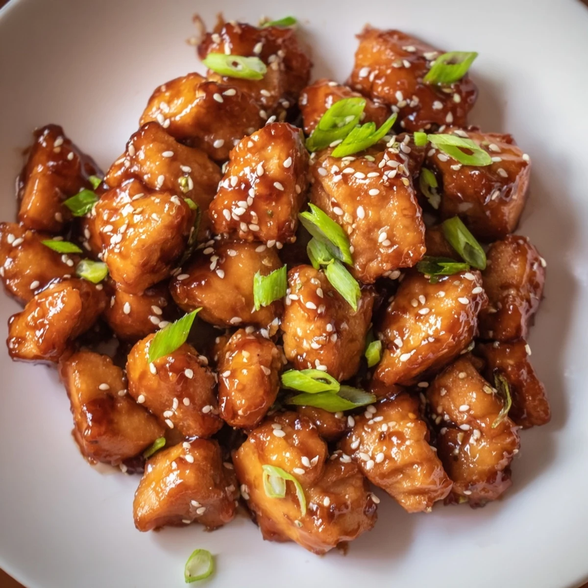 Tender sticky honey chicken in a skillet with thick savory sauce and white sesame sprinkle.