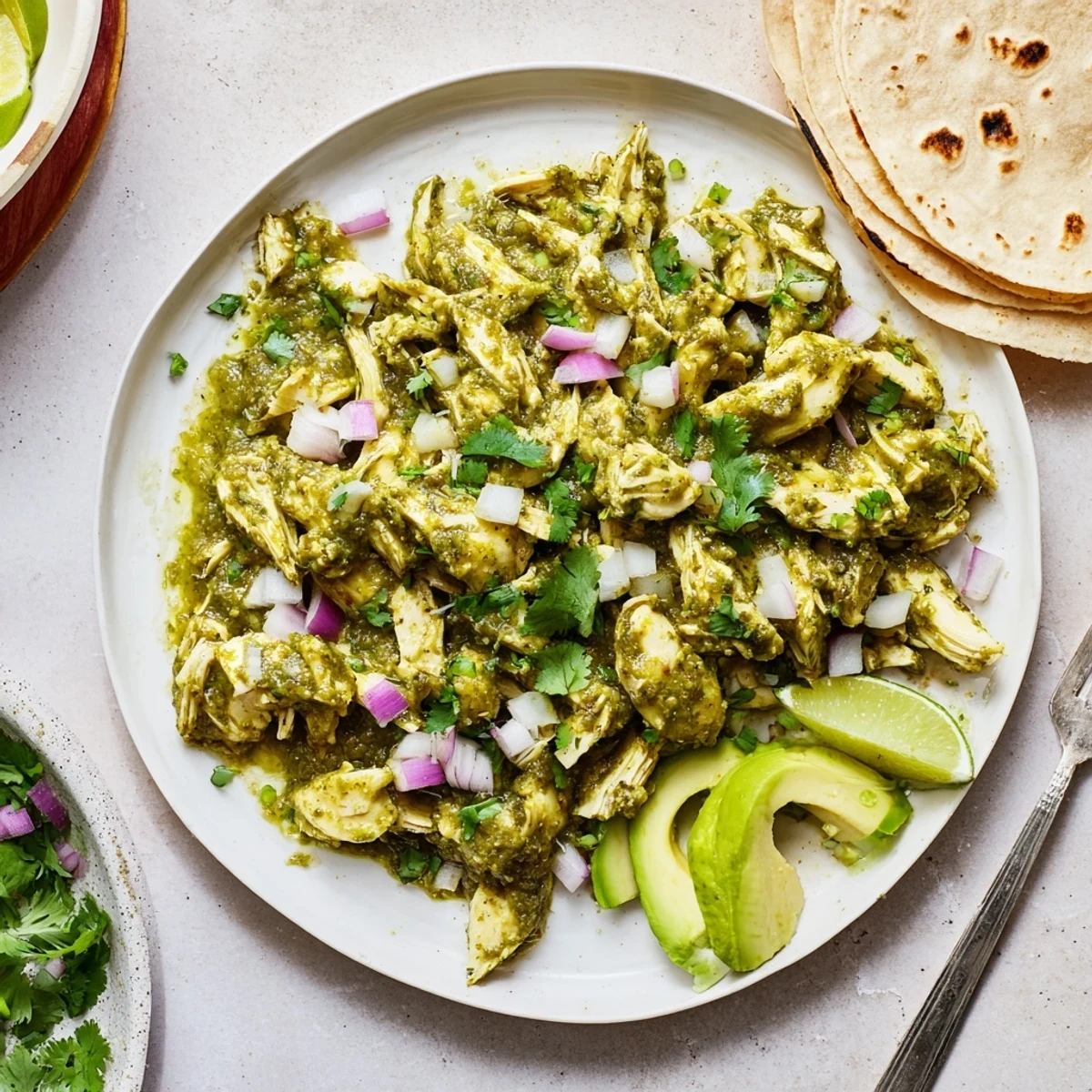 Zesty Taco Tuesday chicken coated in tangy salsa verde with lime wedges and red onion