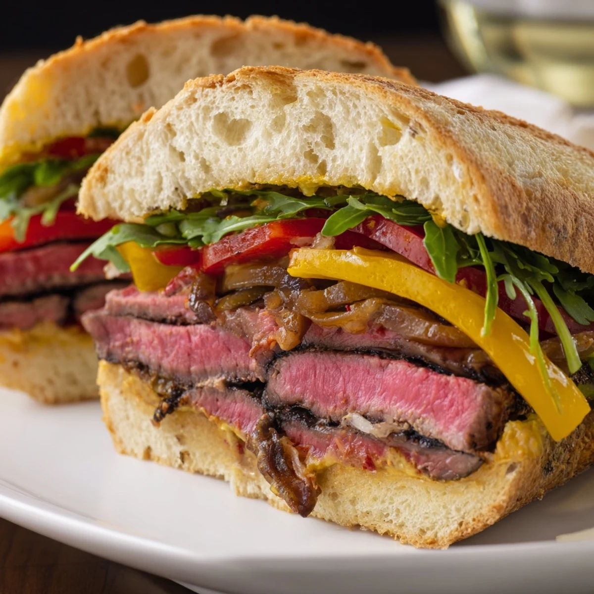 Hearty steak sandwich stacked with juicy sliced beef, melted cheese, and caramelized onions on a toasted crusty roll