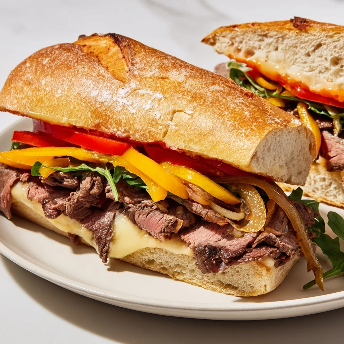 Golden hearty steak sandwich featuring tender ribeye steak, fresh arugula, and provolone cheese on a buttered baguette