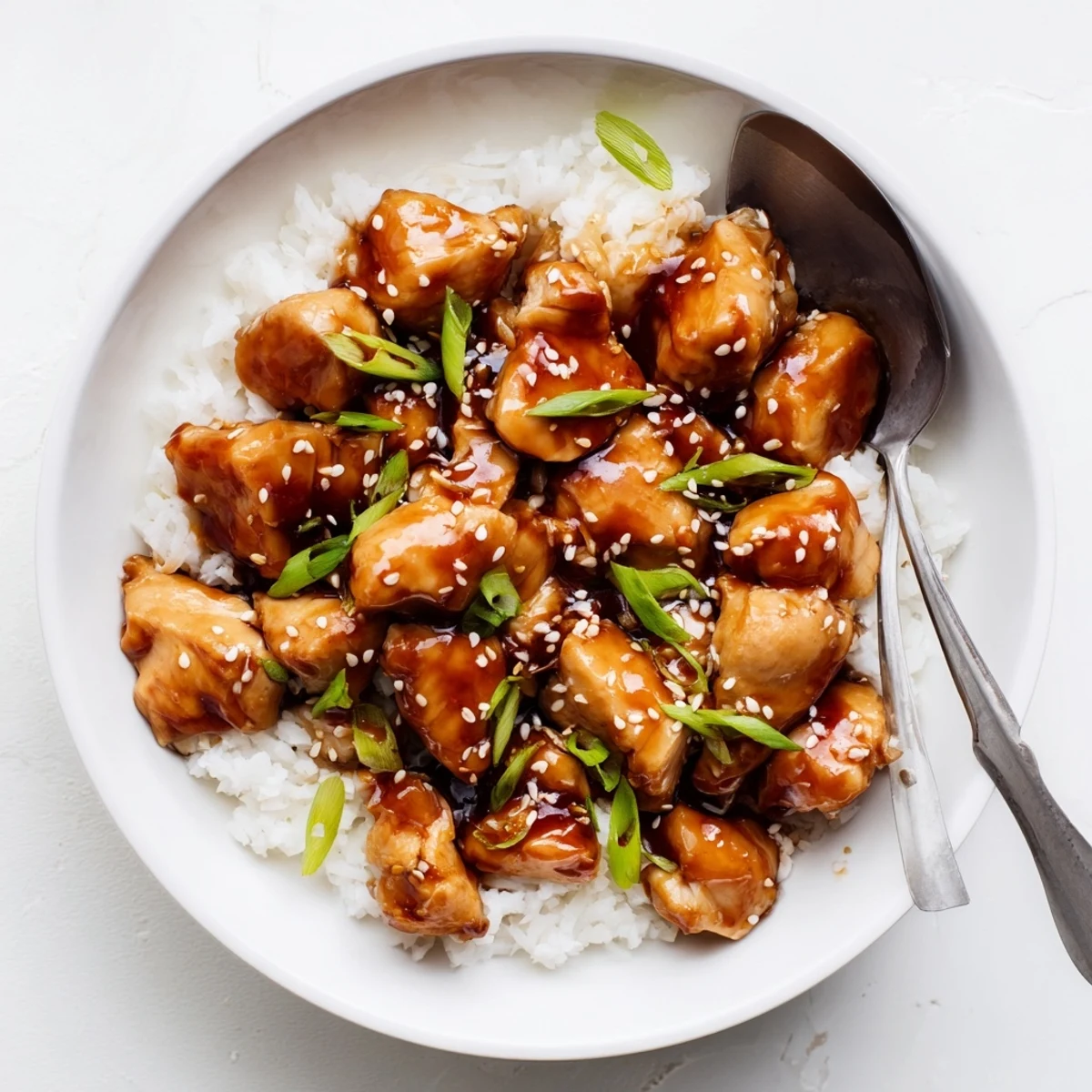 Tender chicken simmered in rich sweet and savory teriyaki sauce with sesame sprinkles on top