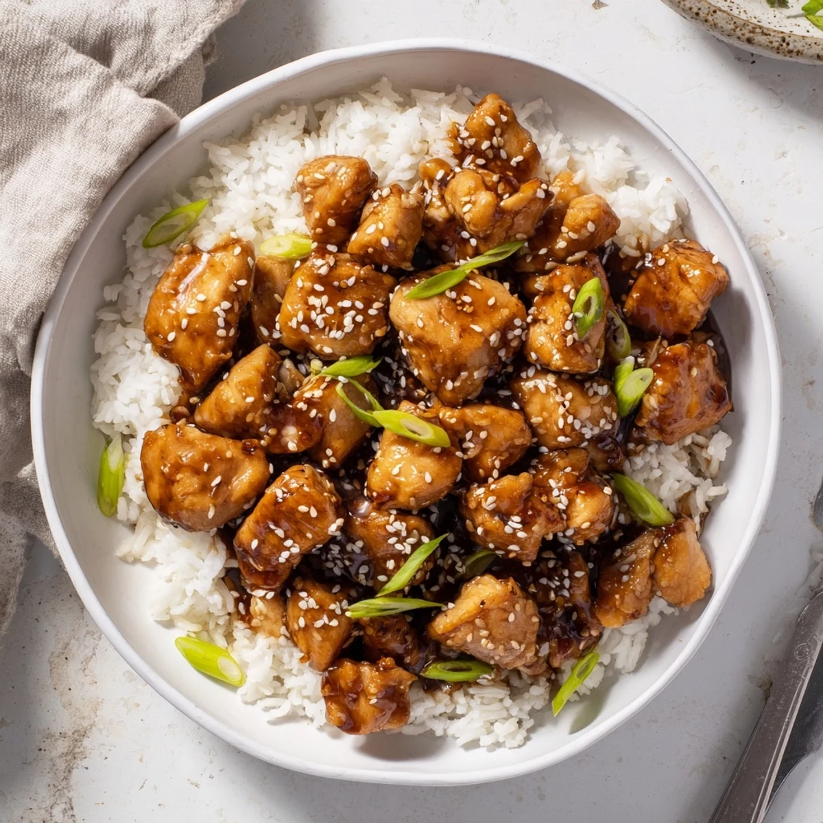 Savory glazed Quick Chicken Teriyaki served over fluffy white rice topped with fresh green onions