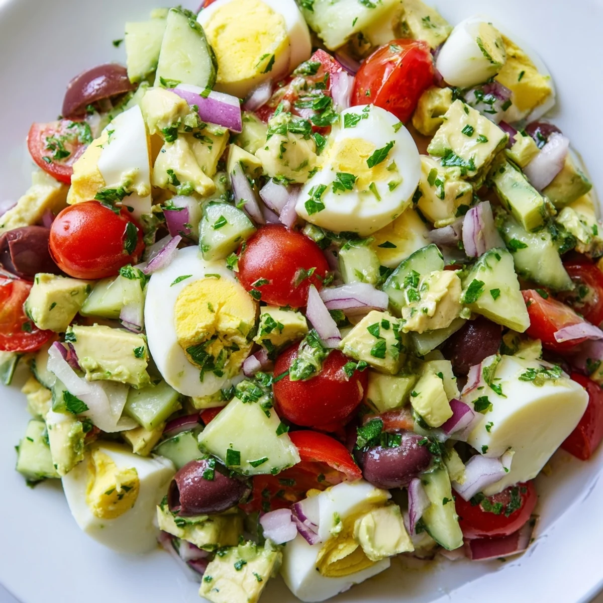 Creamy Mediterranean avocado egg salad with diced fresh vegetables and bright lemon herb dressing in a serving bowl