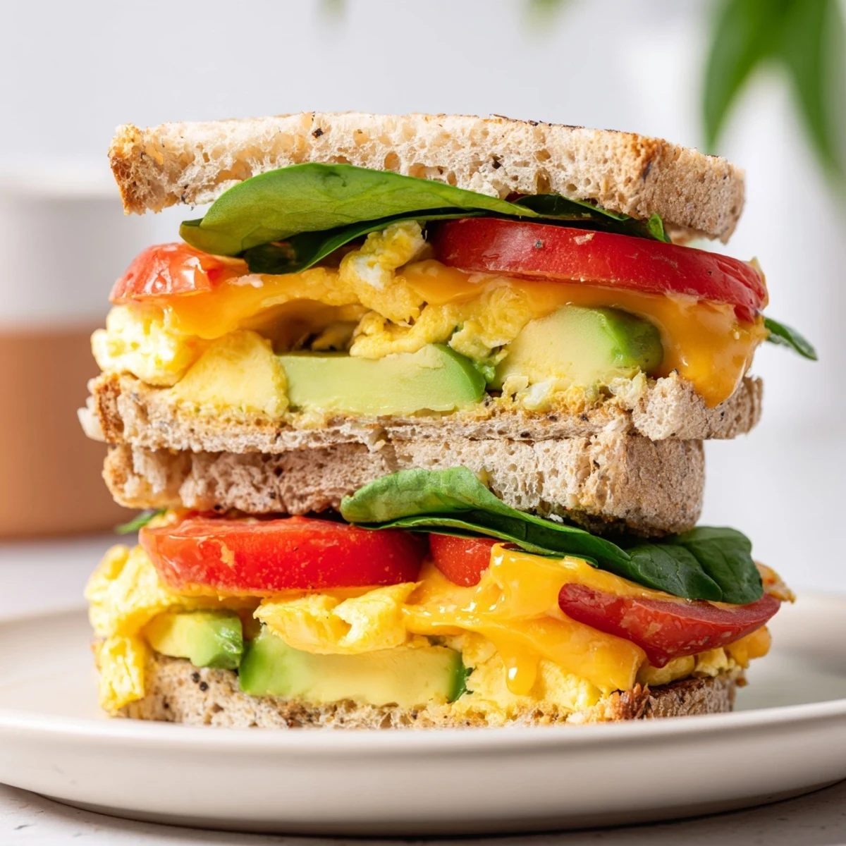 Golden toasted English muffin stacked with fluffy scrambled eggs, melted cheese, and fresh avocado slices in this healthy breakfast sandwich