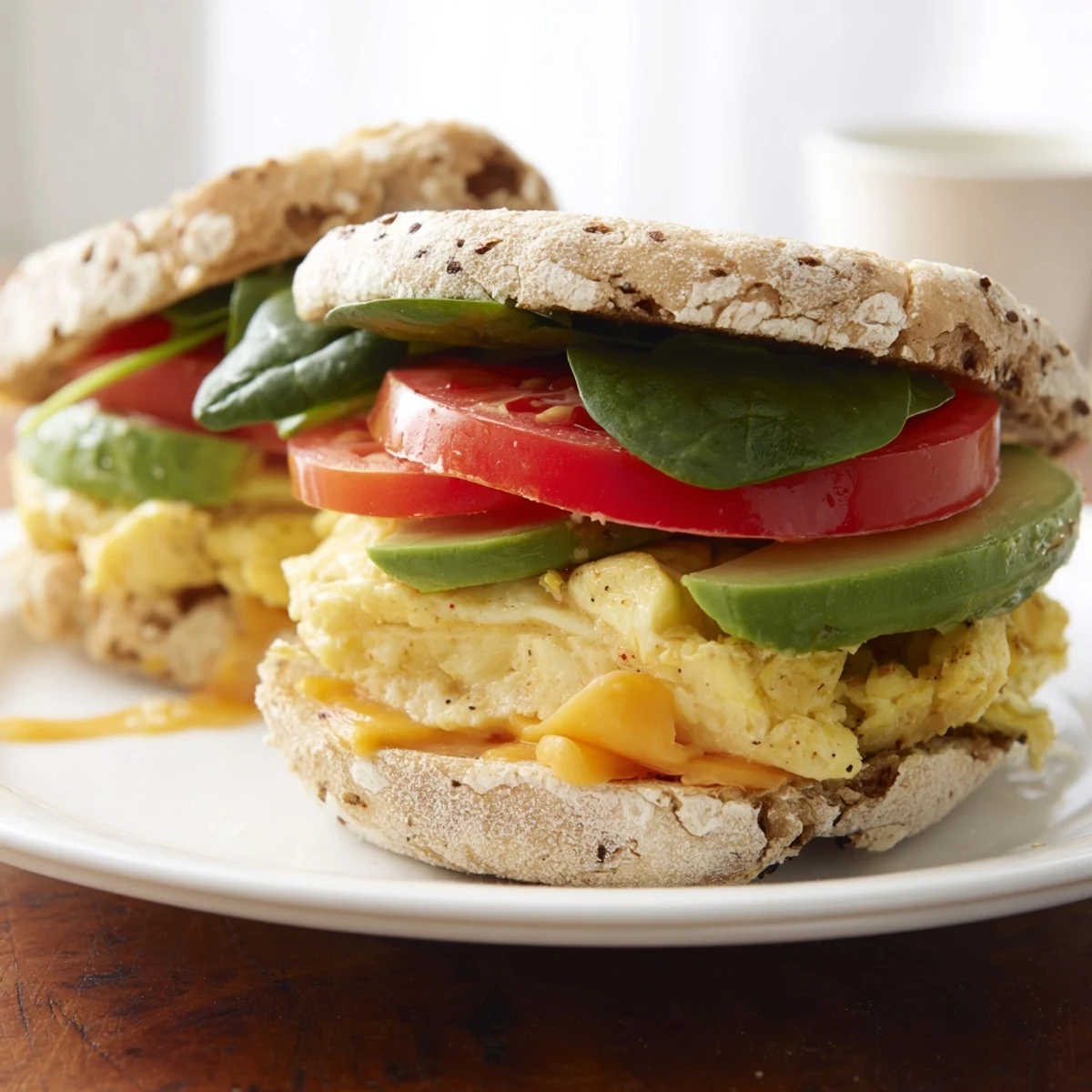 Wholesome breakfast sandwich featuring layered spinach, tomato, and perfectly cooked eggs on a toasted whole grain English muffin