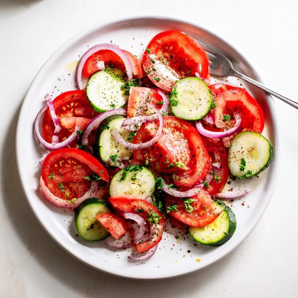 Fresh tomato cucumber and onion salad tossed in light vinaigrette with green parsley garnish