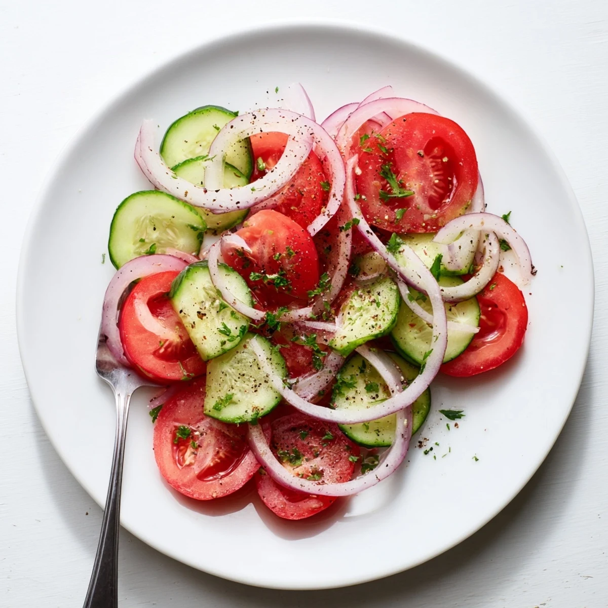 Vibrant tomato cucumber and onion salad with thinly sliced red onions and chopped parsley