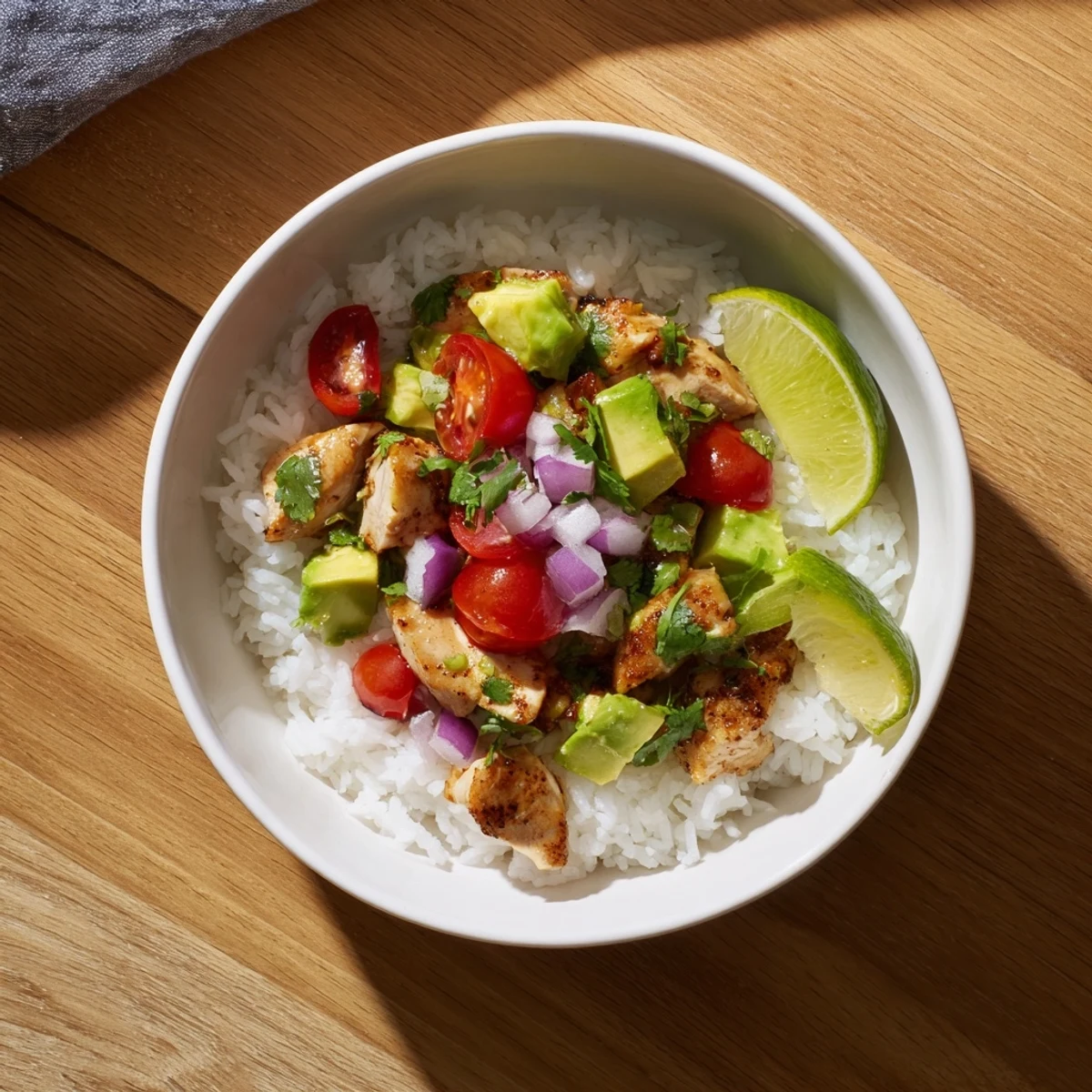 Golden honey lime chicken breast slices served over fluffy white rice with creamy diced avocado