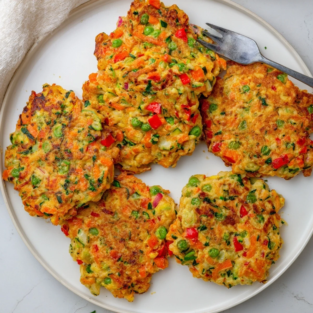Golden brown crispy vegetable fritters served on a white plate with fresh herbs