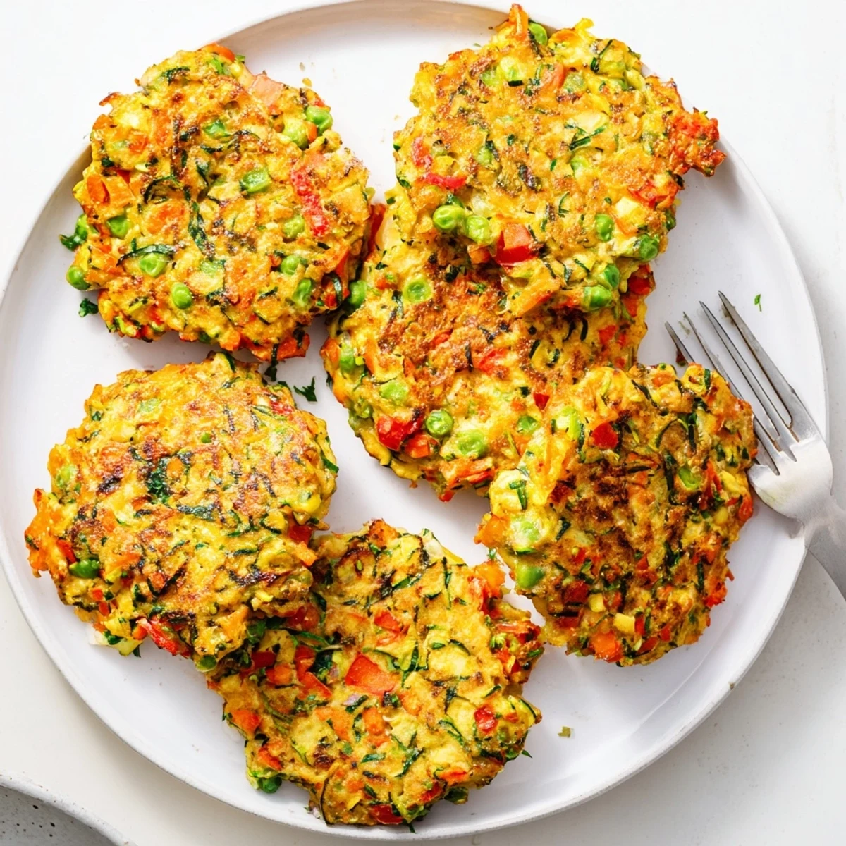 Pan-fried vegetable fritters with grated zucchini and carrot, perfectly crisp edges visible