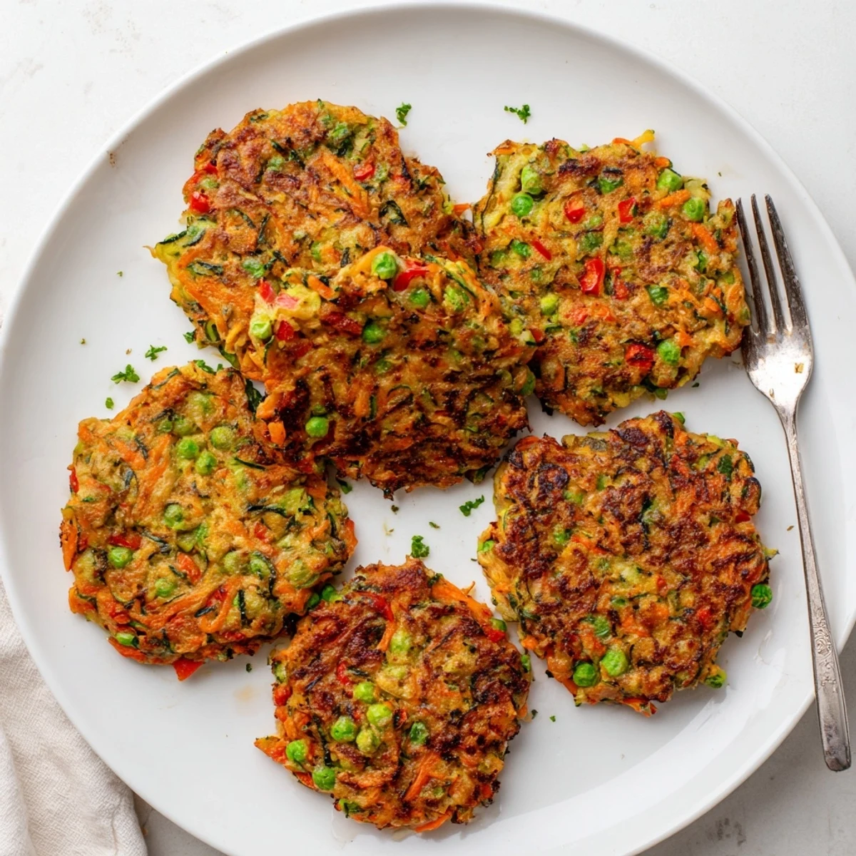 Homemade crispy vegetable fritters arranged on a wooden board, golden and appetizing