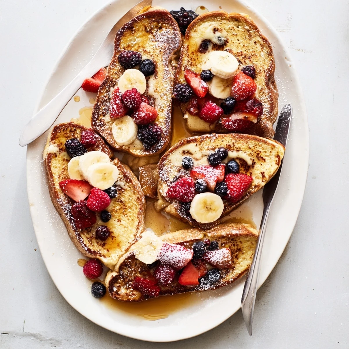 Golden vegan French toast slices dusted with powdered sugar and fresh berries on a white plate