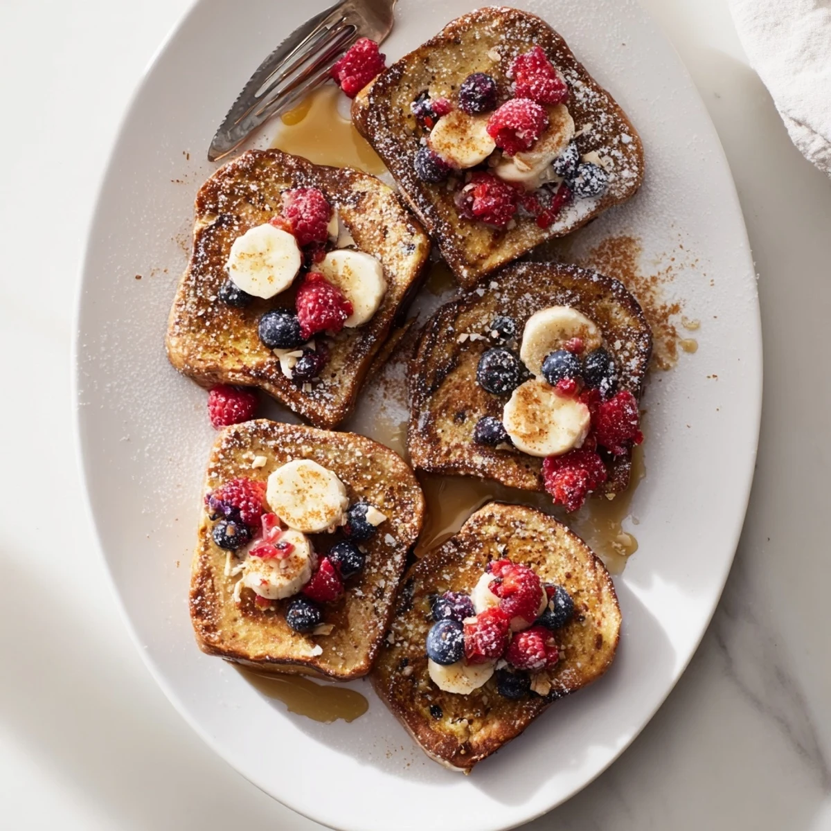 Crispy cinnamon-spiced vegan French toast served with butter, fresh fruit, and warm maple syrup