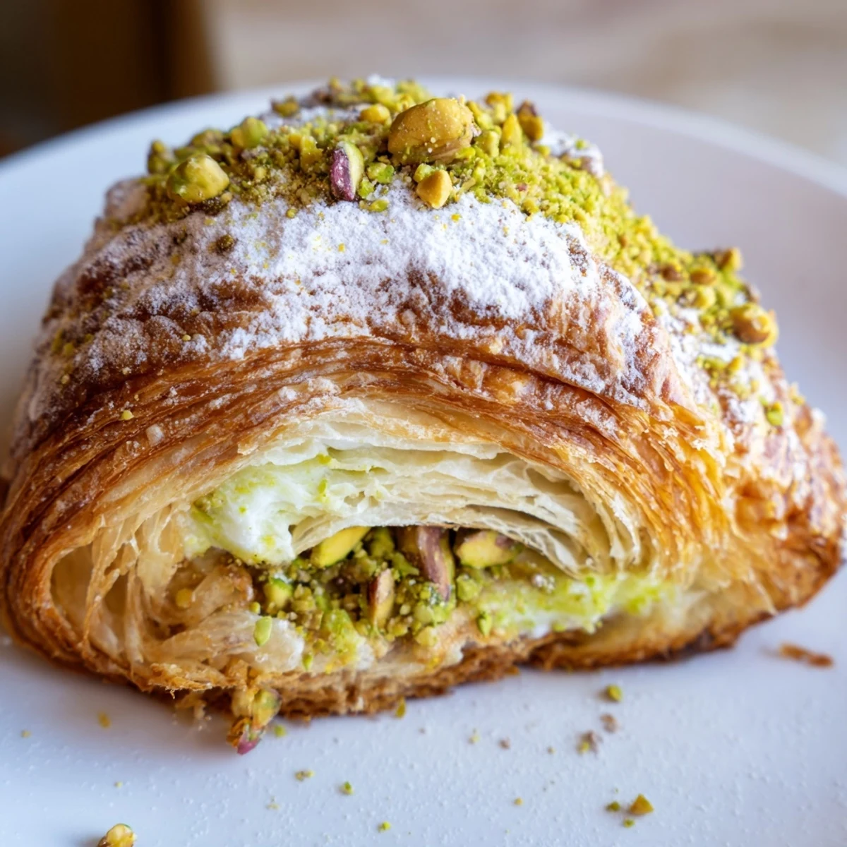Golden pistachio croissants with creamy green filling and chopped nut garnish on a baking sheet