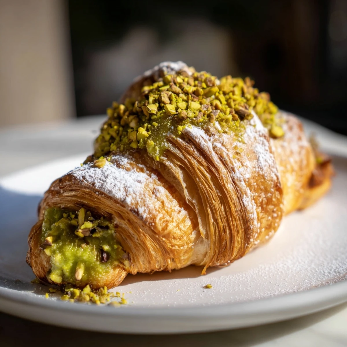 Freshly baked pistachio croissants sliced open revealing luscious cream center dusted with powdered sugar