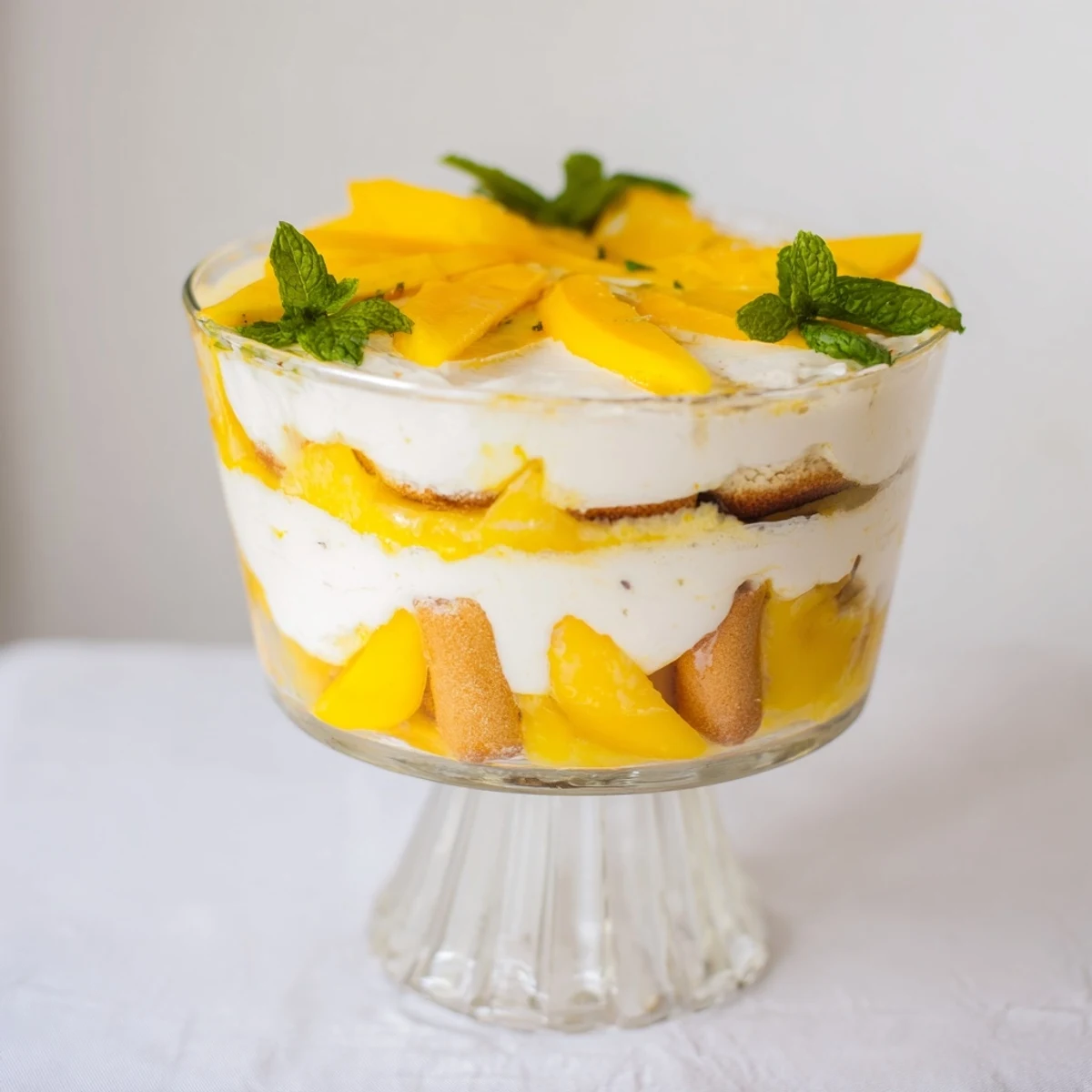 Golden mango tiramisu layered with creamy mascarpone and fresh mint garnish in glass