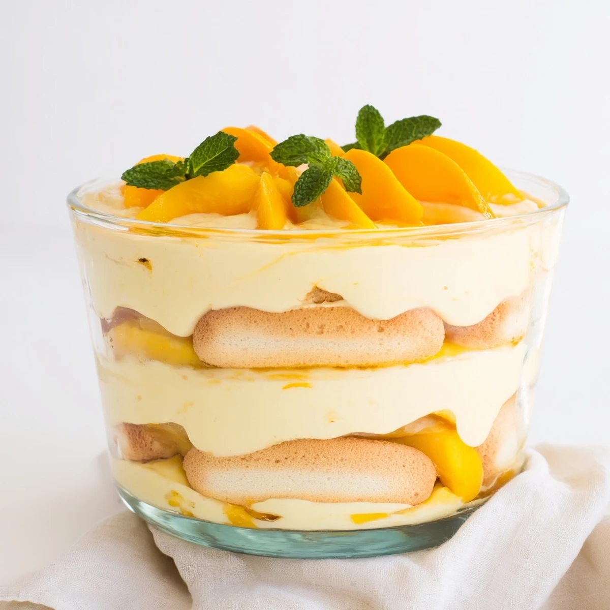 Slice of mango tiramisu showcasing vibrant yellow fruit puree and whipped cream topping