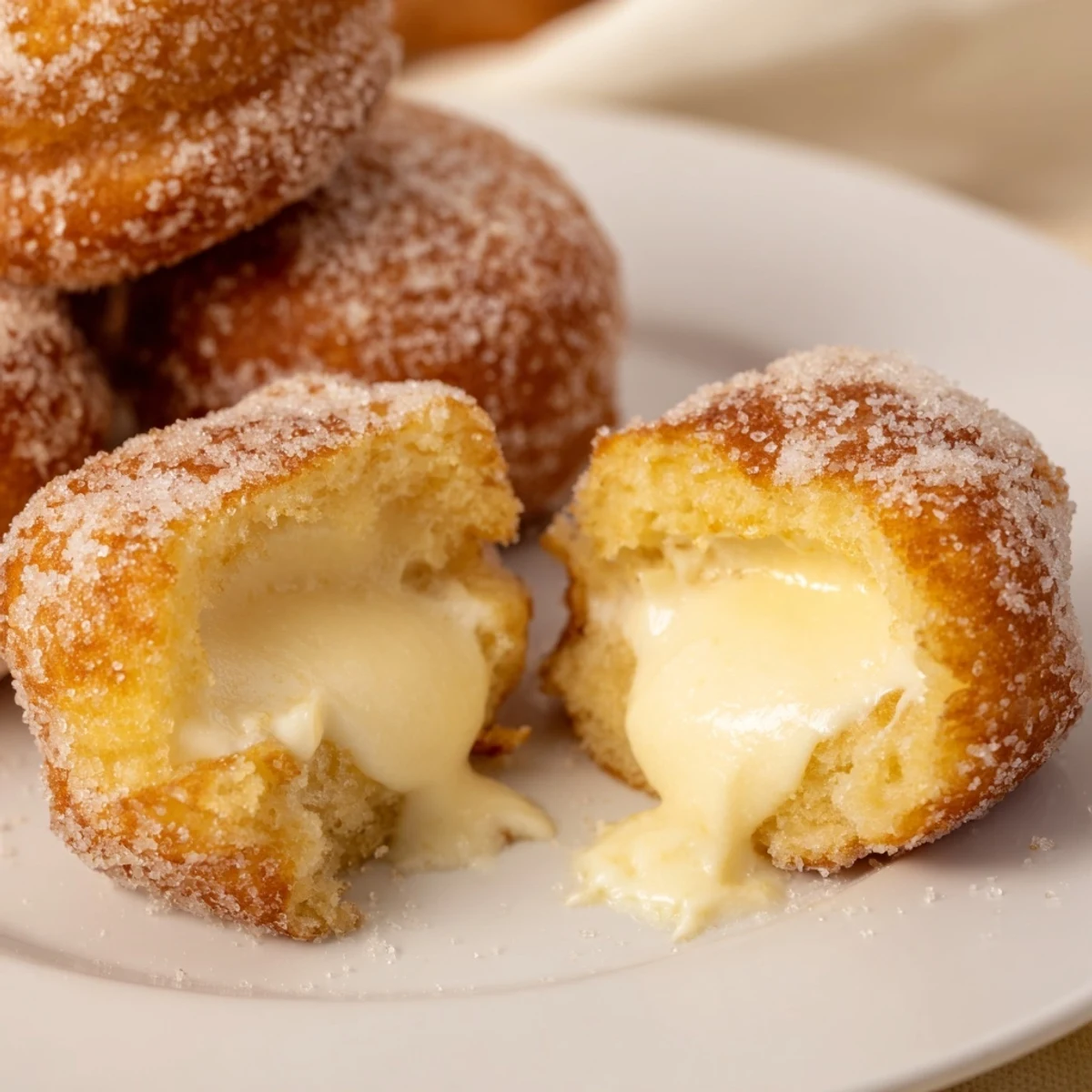 Soft Italian bomboloni cream donuts piping out rich vanilla custard onto white plate