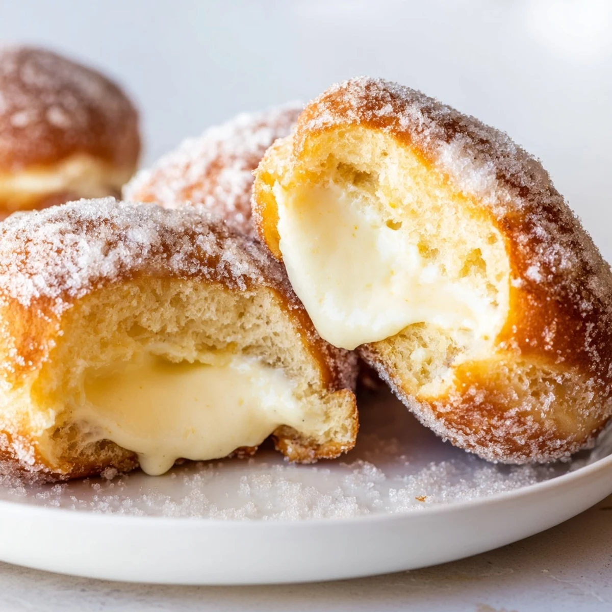 Golden bomboloni cream donuts dusted with sugar and filled with vanilla pastry cream