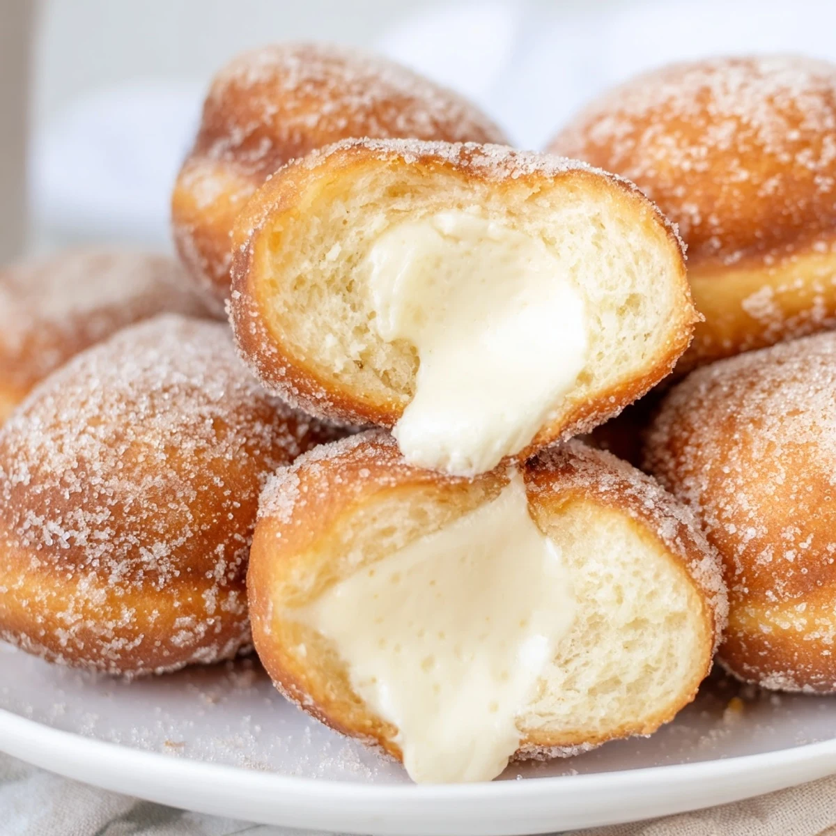 Stack of pillowy bomboloni cream donuts rolled in sugar after frying golden brown