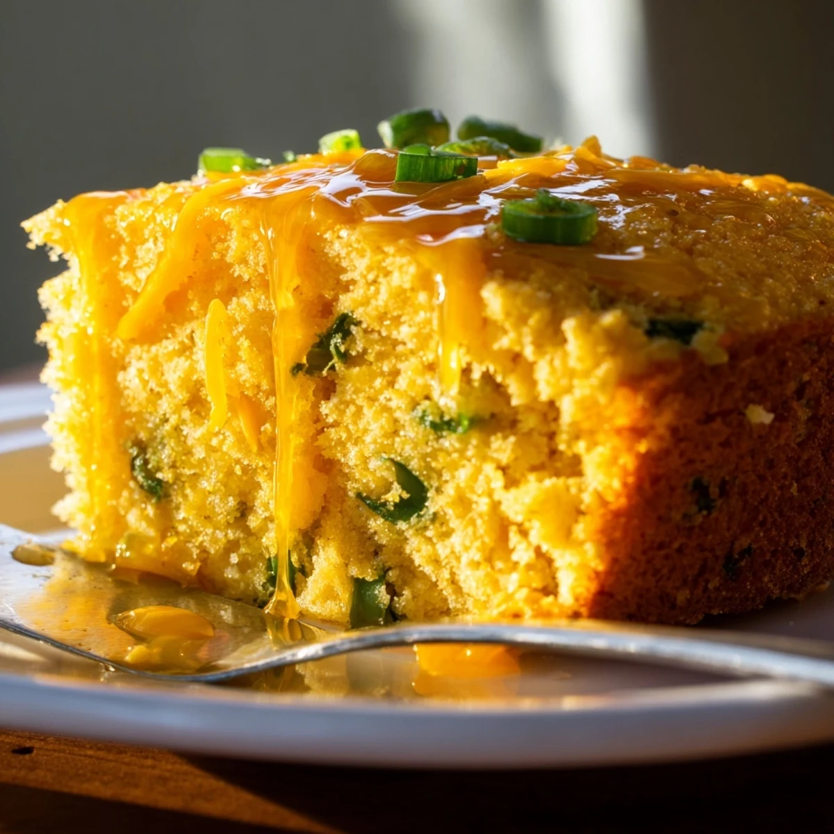 Golden spicy jalapeño cornbread drizzled with tangy lime honey glaze on a rustic wooden board