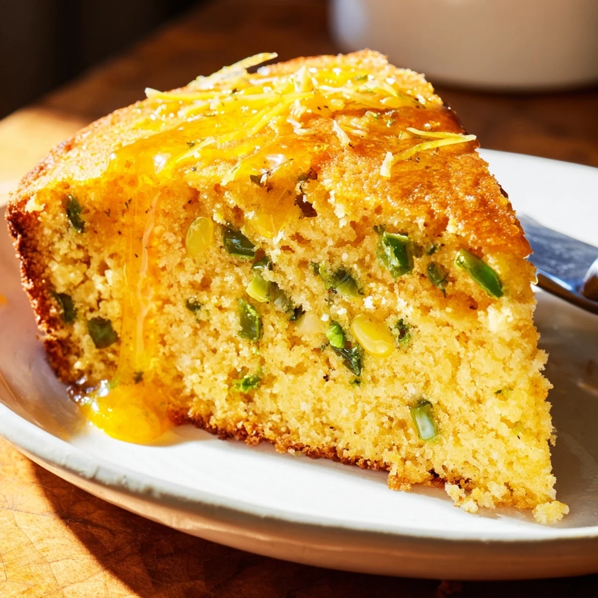 Moist Southern cornbread studded with fresh jalapeños and sweet corn topped with glossy honey lime glaze