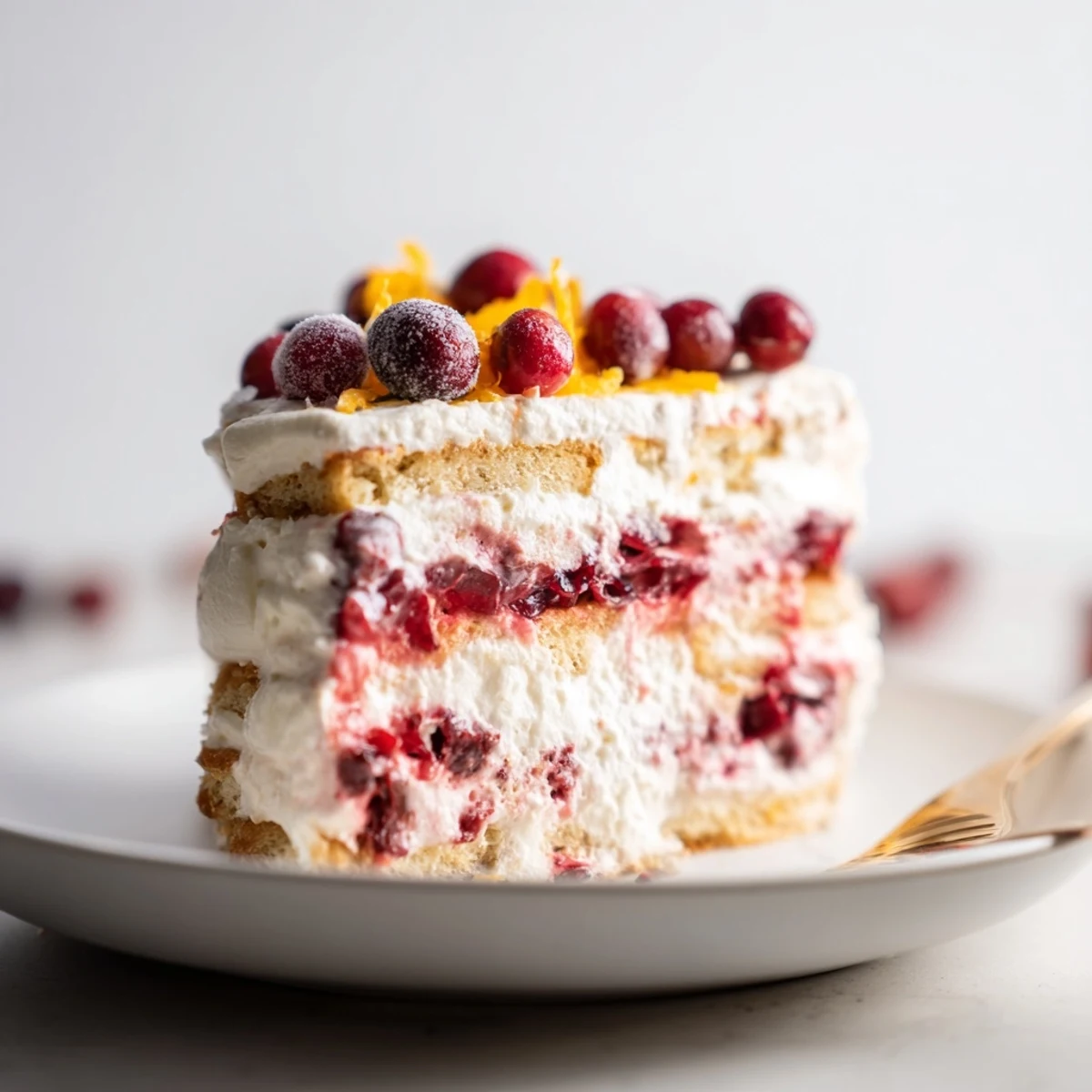 Cranberry and Orange Tiramisu layered with bright red compote and fluffy mascarpone cream in a glass serving dish