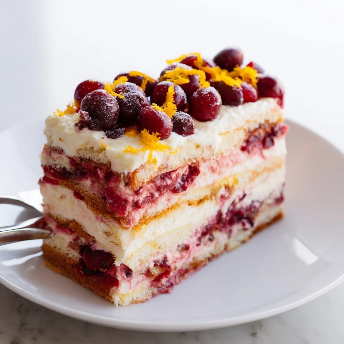 Festive Cranberry and Orange Tiramisu slice showing ruby cranberry swirls through creamy white mascarpone layers