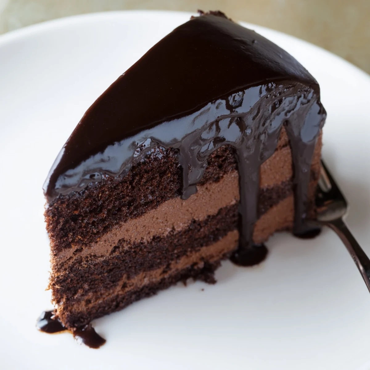 Decadent dark chocolate mousse cake with glossy glaze drizzling down the sides