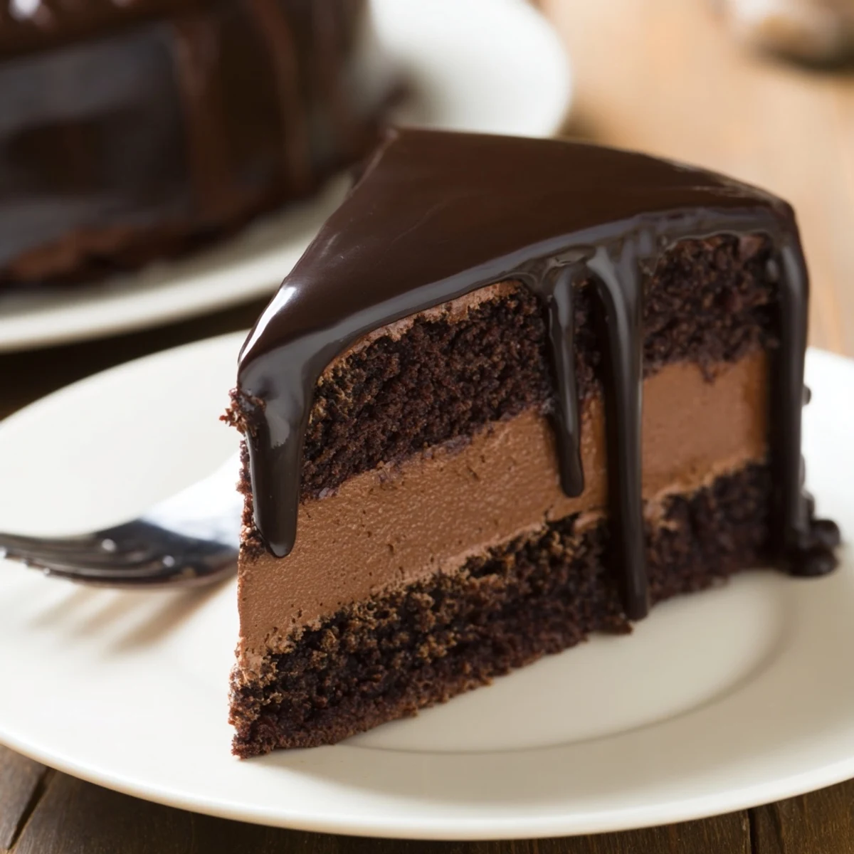 Slice of rich dark chocolate mousse cake showcasing airy mousse layered over chocolate sponge