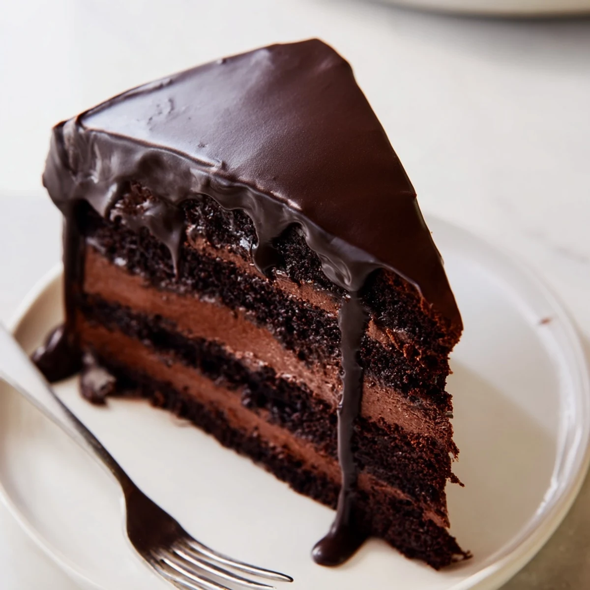 Elegant dark chocolate mousse cake dessert topped with smooth ganache and chocolate curls