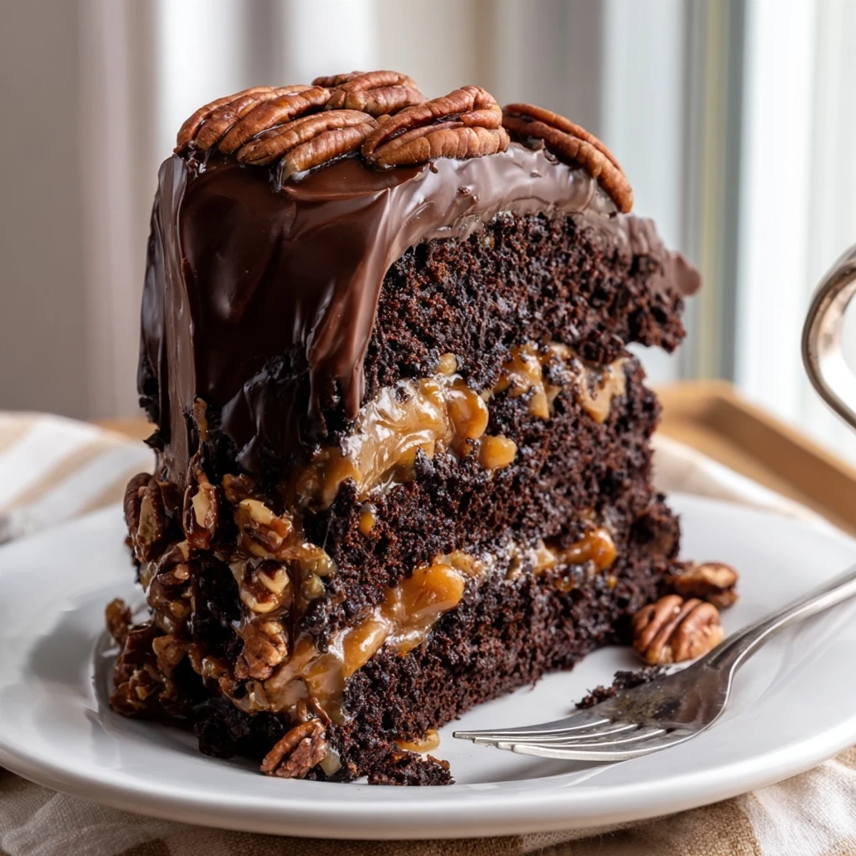 Decadent chocolate turtle cake featuring layered chocolate sponge, gooey caramel, toasted pecans, and glossy ganache dripping down the sides